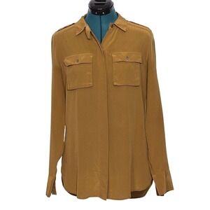 Eliot Shirt Womens Small Brown 100% Silk Button Front‎ Long Sleeve Blouse